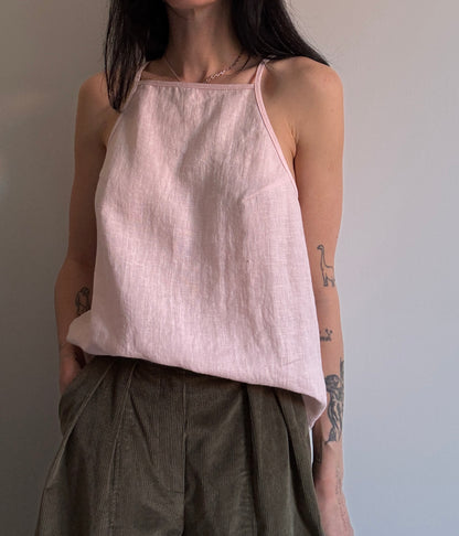 Light pink linen top with straight neckline
