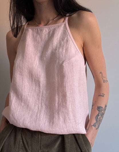 Light pink linen top with straight neckline