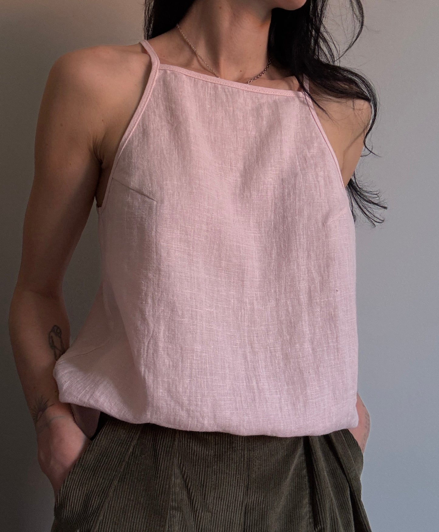 Light pink linen top with straight neckline