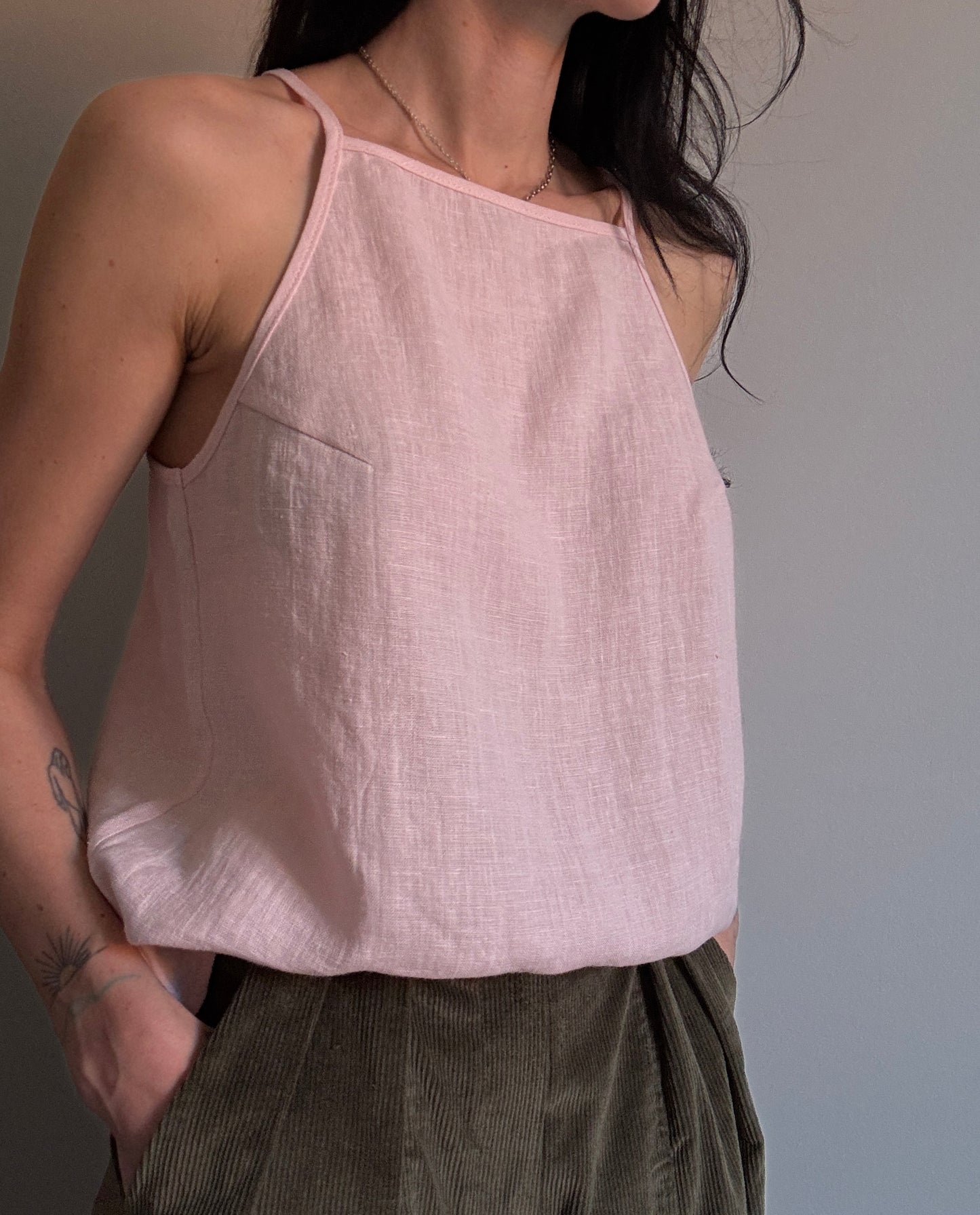 Light pink linen top with straight neckline