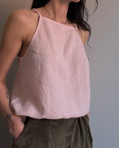 Light pink linen top with straight neckline