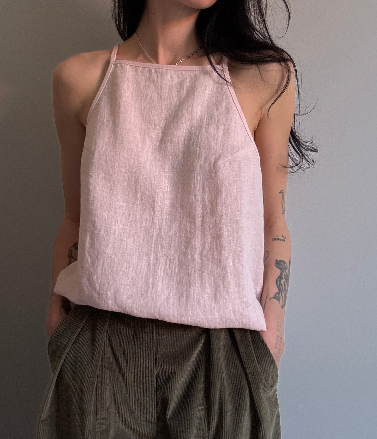 Light pink linen top with straight neckline