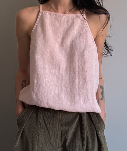 Light pink linen top with straight neckline