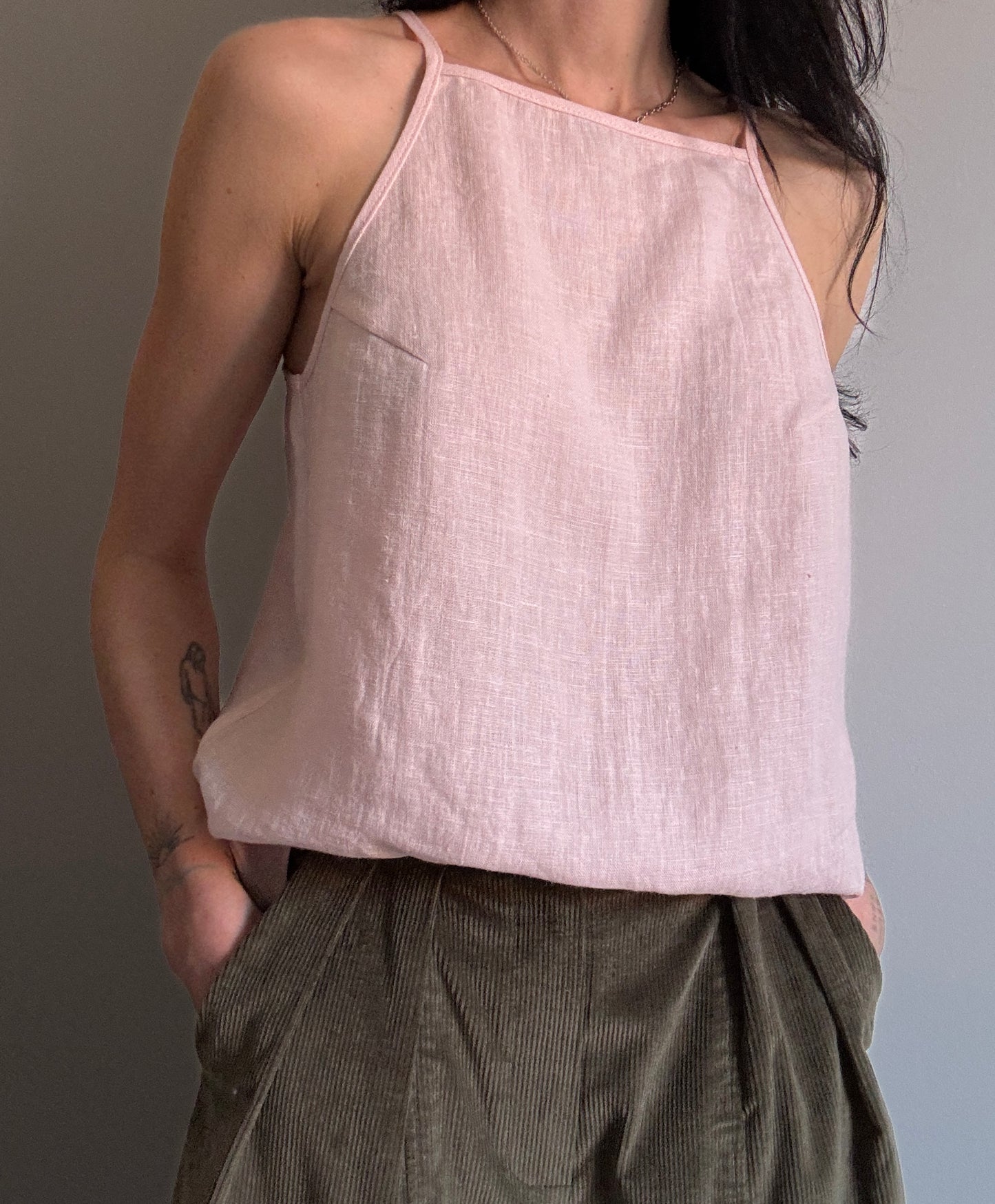 Light pink linen top with straight neckline