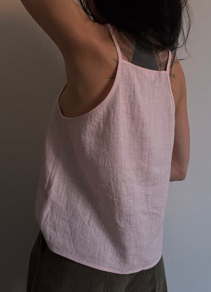 Light pink linen top with straight neckline