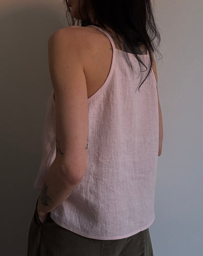 Light pink linen top with straight neckline
